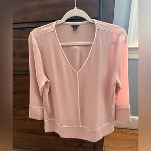 Ann Taylor Blush V-Neck Blouse with White Piping